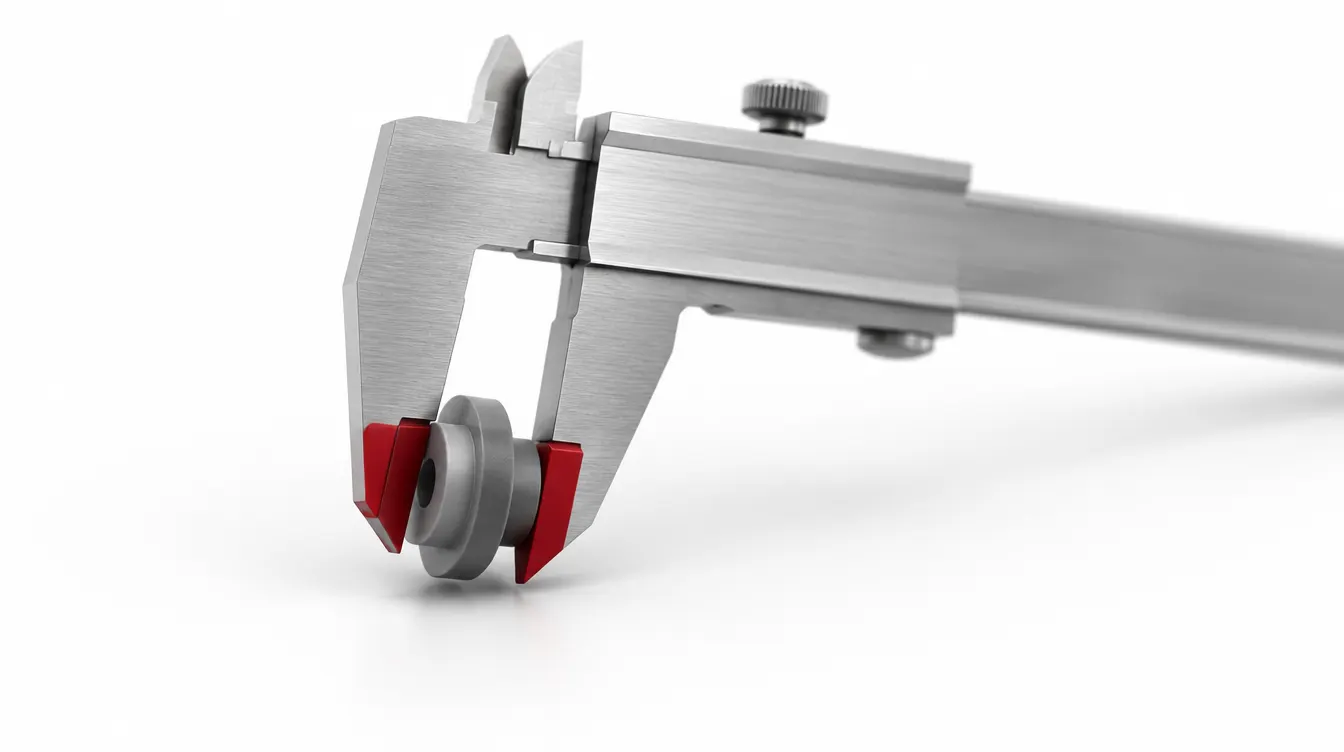 A steel calliper closed to a narrow gap around a small grey part, its jaw tips red.