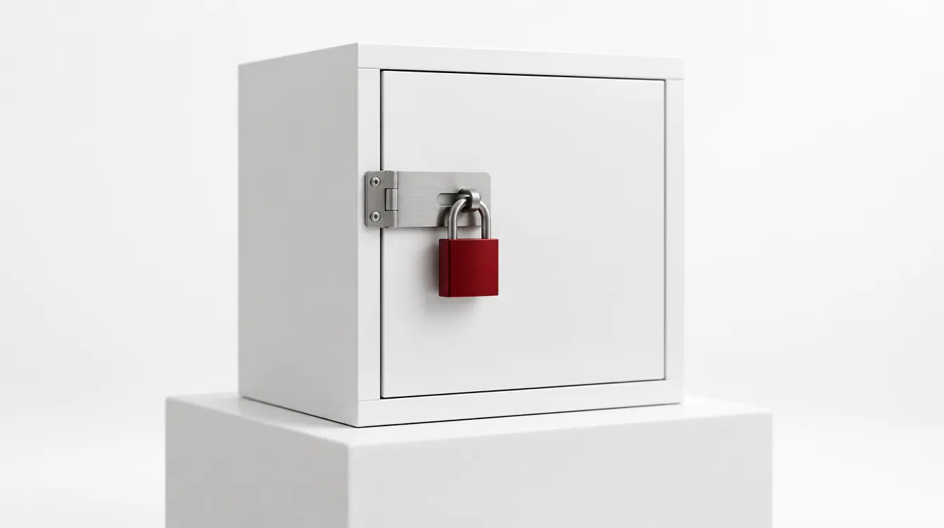 A white cabinet on a plinth, its steel hasp closed with a red padlock.