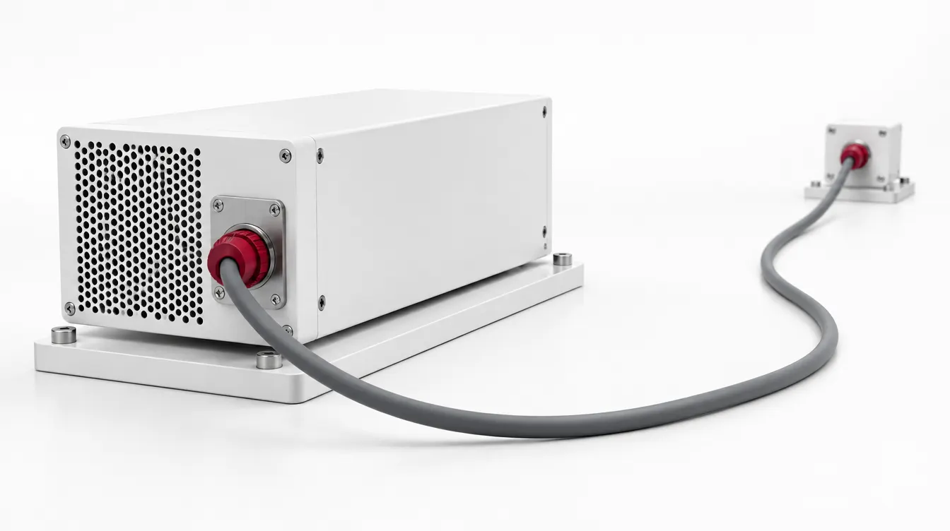A fixed white server enclosure with a long grey cable running to a distant small terminal, its plug red.