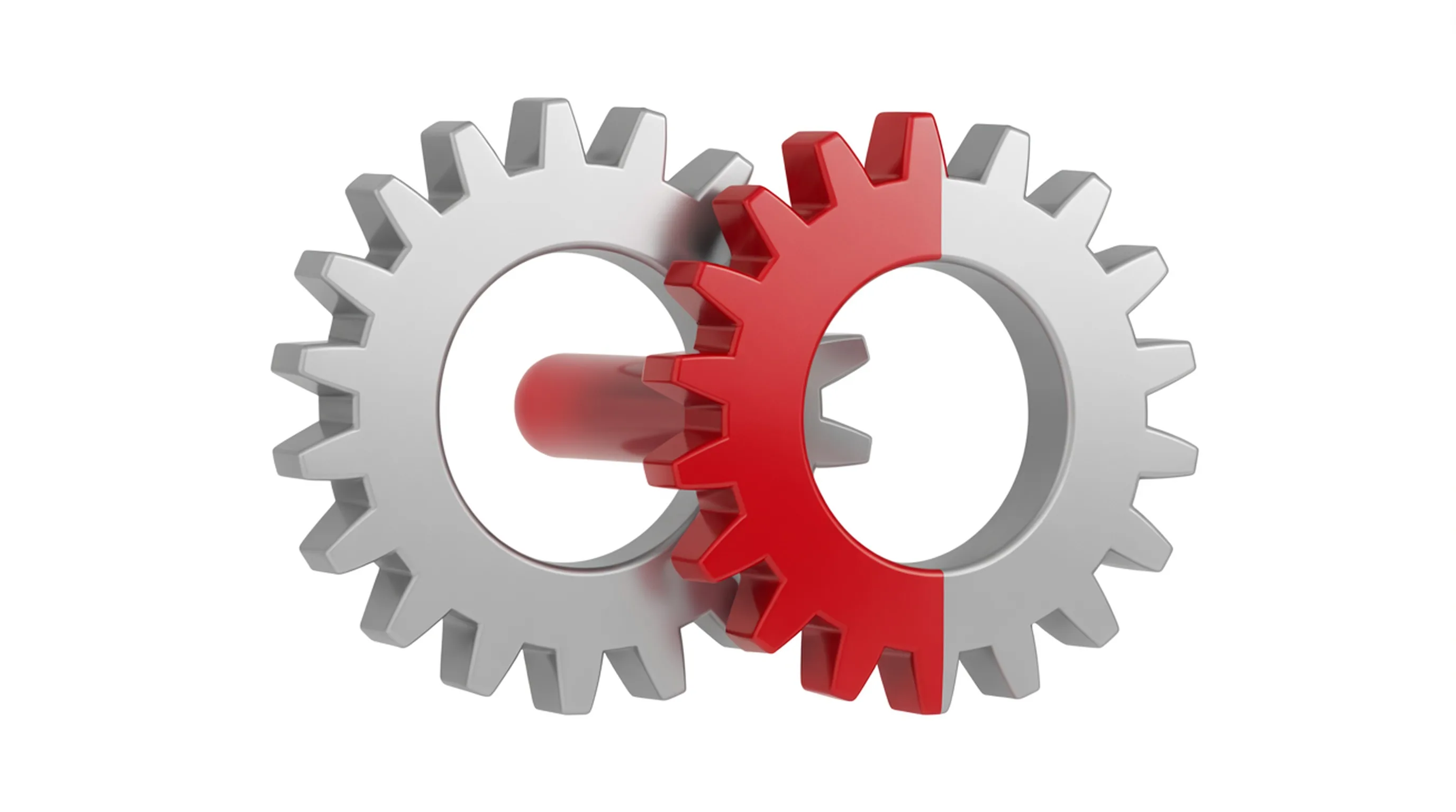 Two machined gears interlocking, one anodised red, joined at their meshing point by a single steel pin.