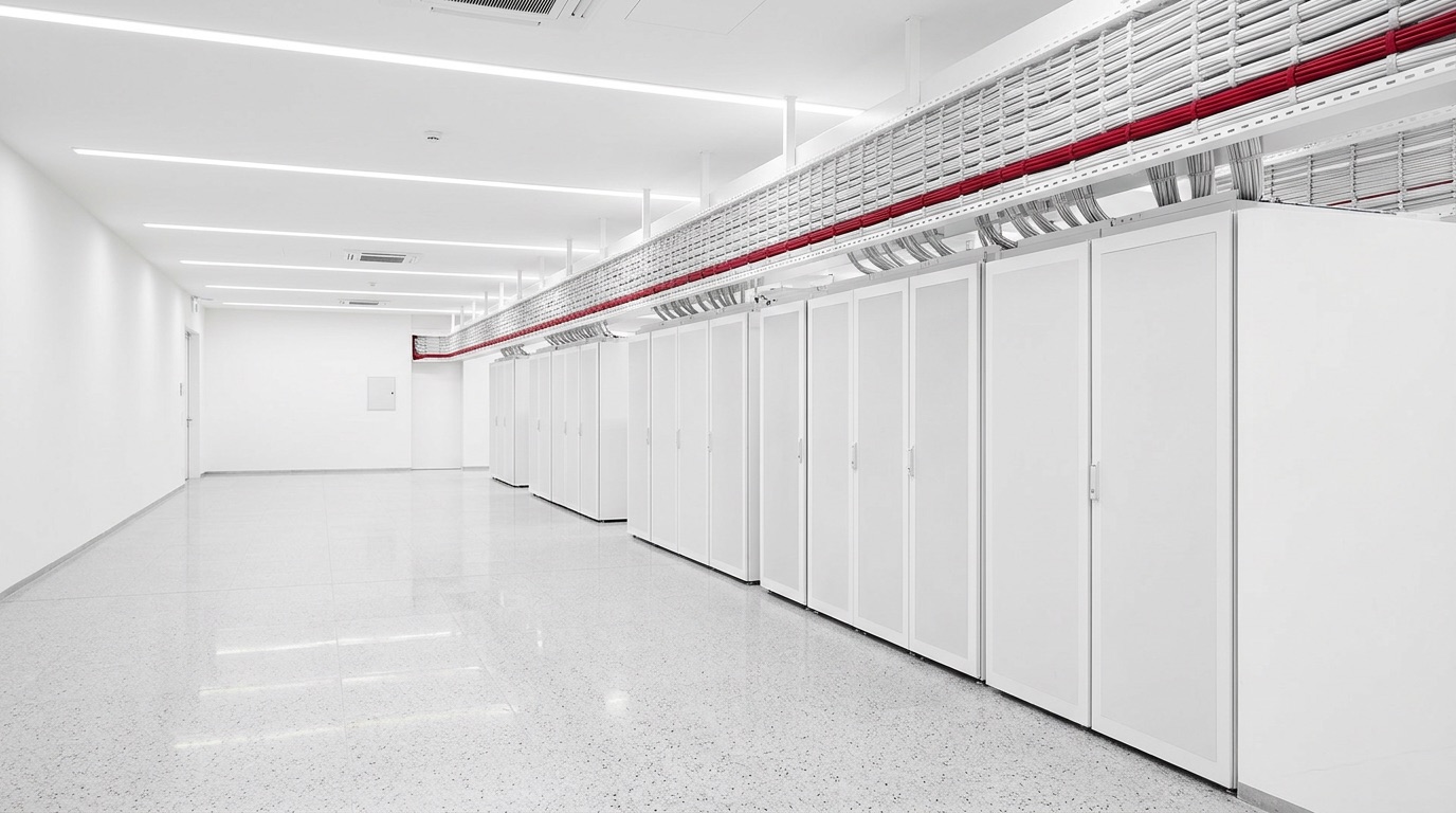 A white equipment room with slim server racks and dressed cable management, representing the green IT practices described here.