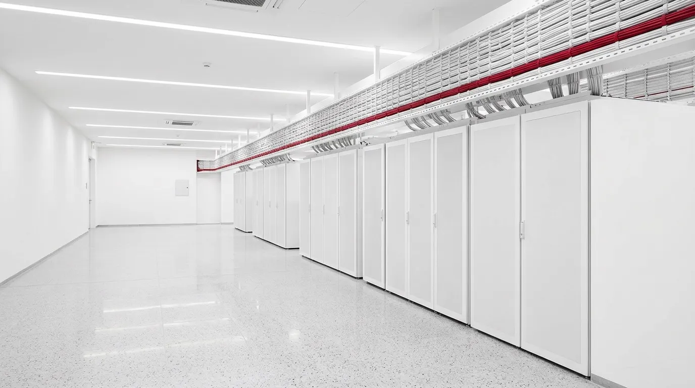 A white equipment room with slim server racks and dressed cable management, representing the green IT practices described here.