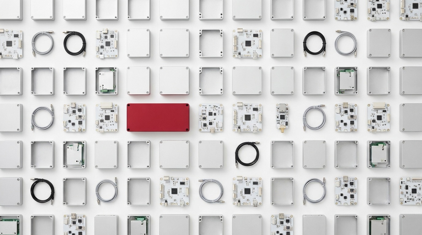 Precision components and machined enclosures laid out in a grid on a white surface, representing the sourcing commitment described here.