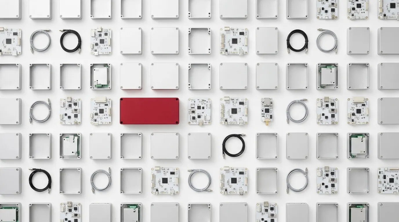 Precision components and machined enclosures laid out in a grid on a white surface, representing the sourcing commitment described here.