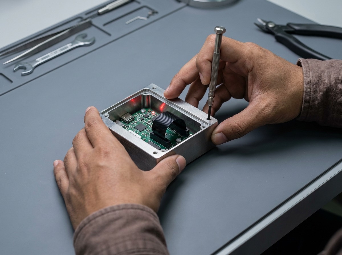 An engineer's hands seating a machined steel cover plate onto an open edge-gateway enclosure at a workbench, its status indicator lit.