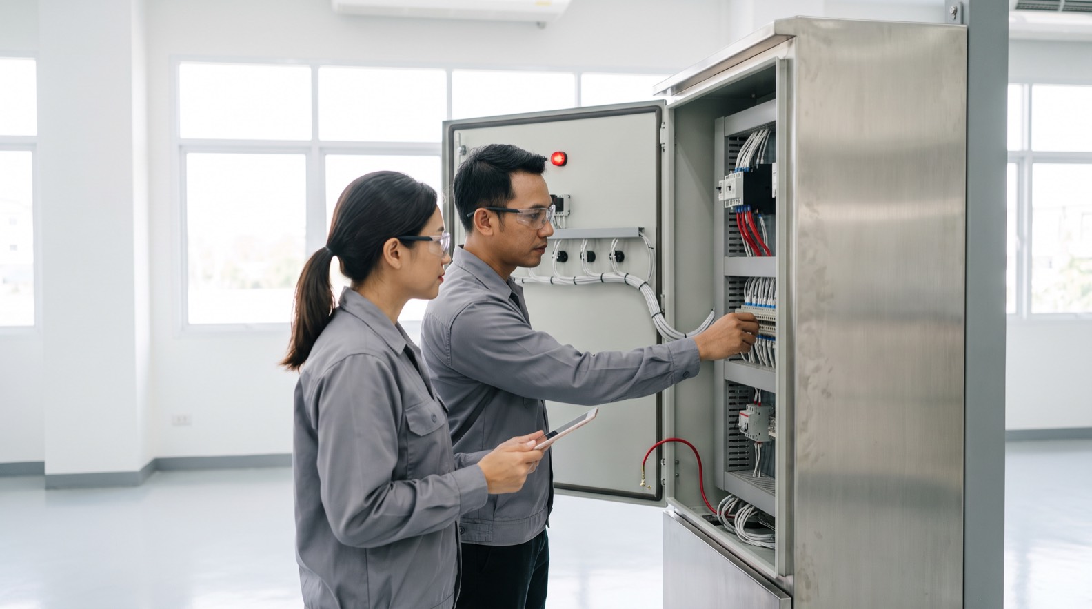 Two engineers at an open control cabinet, one holding a tablet while the other reaches into the wiring to trace a run. An illustration of the site assessment described in stage 01.