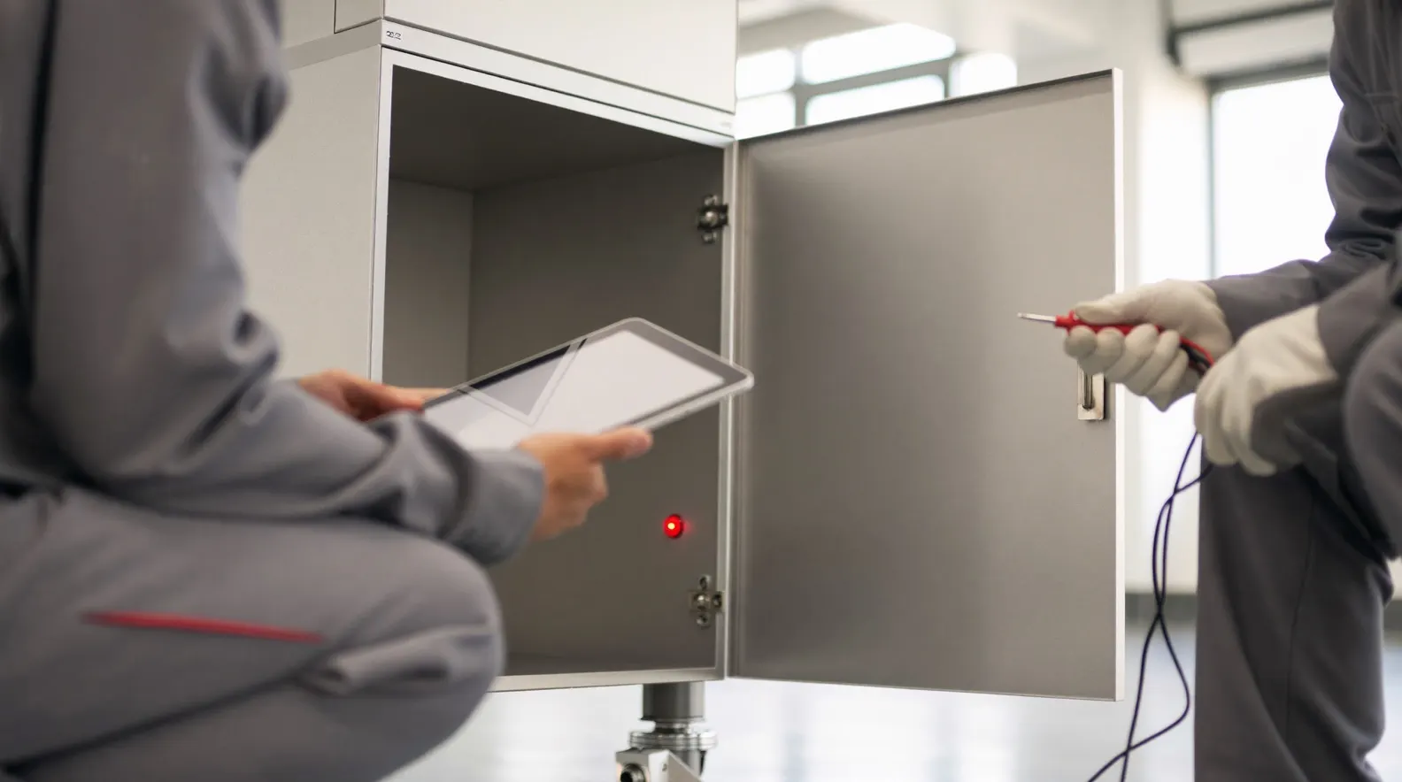 Two engineers at an open electrical enclosure with a red status light on, one holding a tablet and the other testing a connection with a probe. An illustration of the commissioning work described in stage 04.
