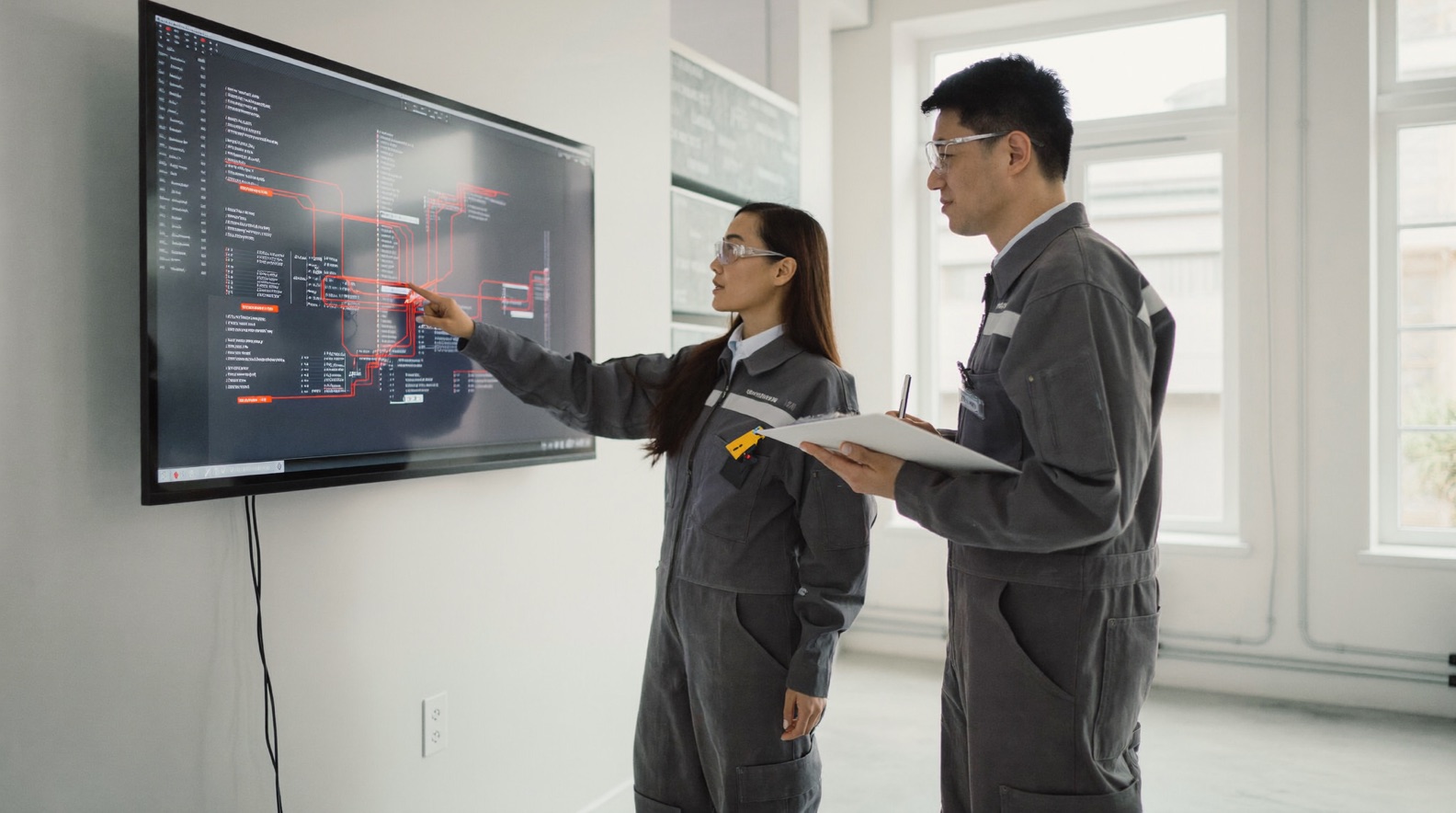 Two engineers in front of a wall-mounted display, one pointing at a highlighted interface point on a wiring schematic while the other notes it down. An illustration of the design work described in stage 02.