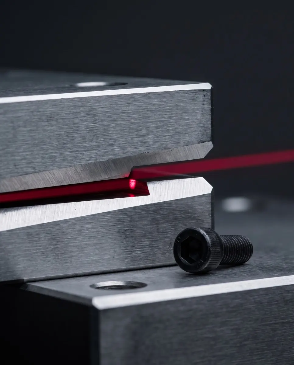 A macro view of two steel plates that have failed to seat, the red light line broken across the open joint and a bolt left loose beside it.