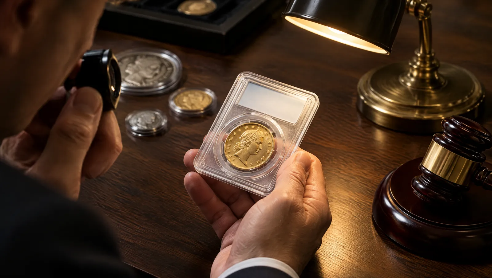 A hand holds a graded gold coin in a clear slab under a desk lamp, with a loupe and an auction gavel beside it.