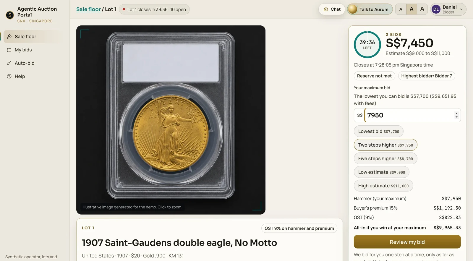 A lot page showing a graded gold coin, the current bid, a countdown and the all-in price including buyer's premium and GST. Fictional data.