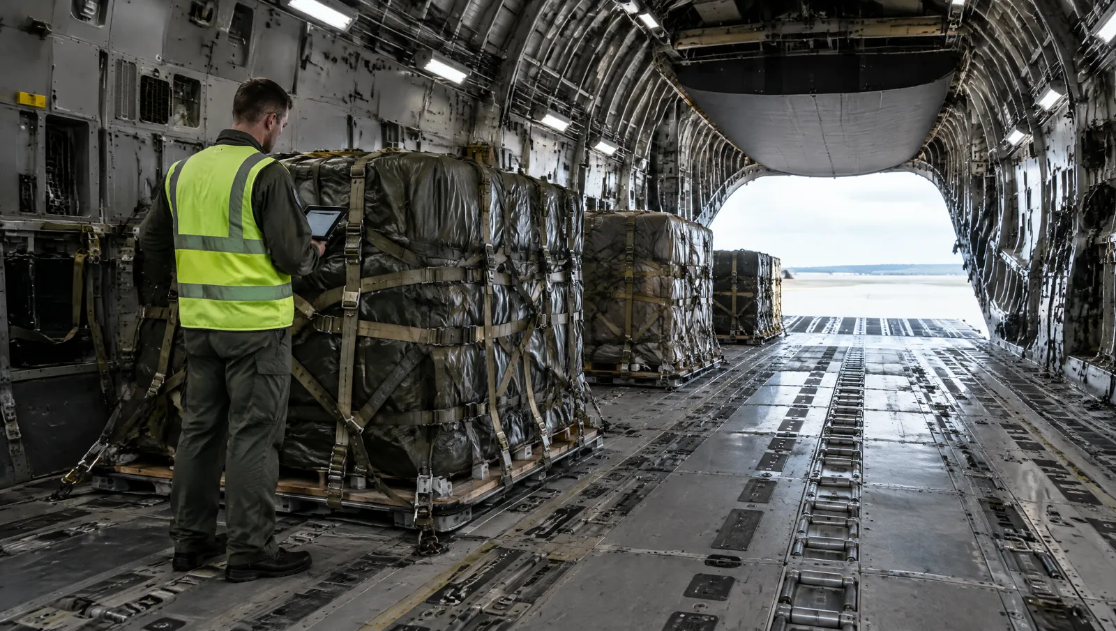 A loadmaster with a tablet stands beside strapped cargo pallets in the hold of a large transport aircraft, with the rear ramp open.