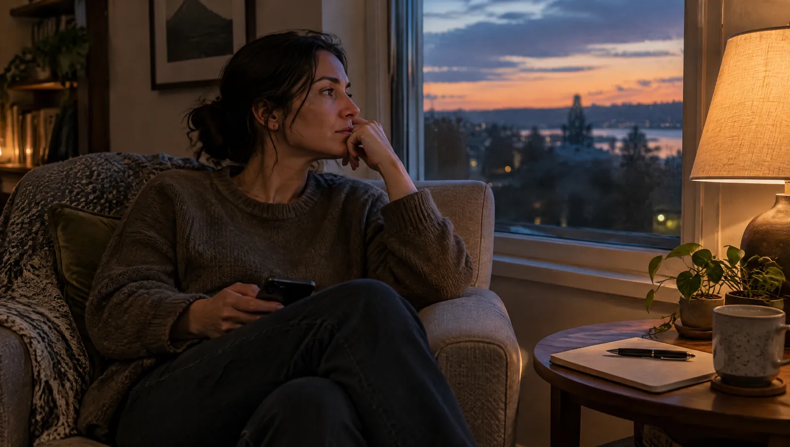 An adult sits quietly in an armchair by a window at dusk, holding a smartphone, with a notebook and lamp beside them.