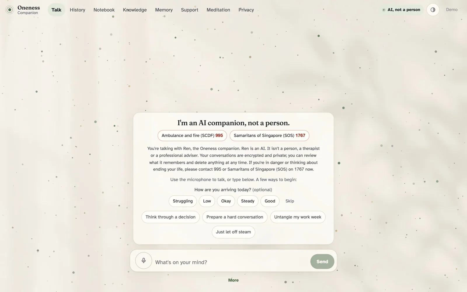 The conversation screen opens with the line "I am an AI companion, not a person", shows local emergency and helpline numbers, and offers a microphone button. Synthetic data.