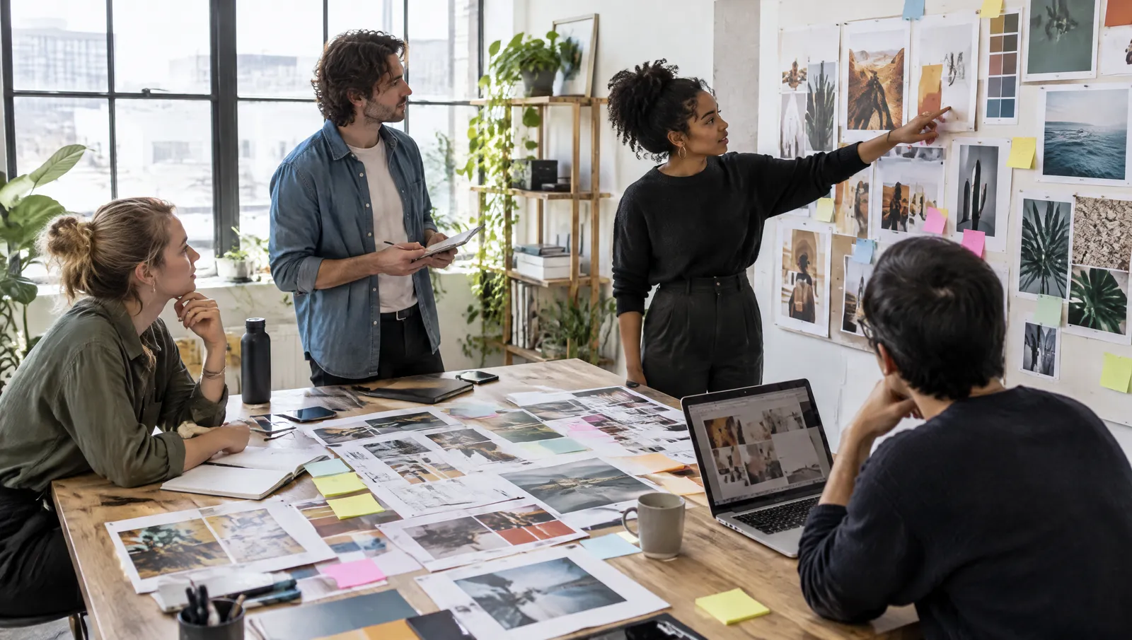A creative team gathers around a table of mood boards and sticky notes while one person points at a pinned board.
