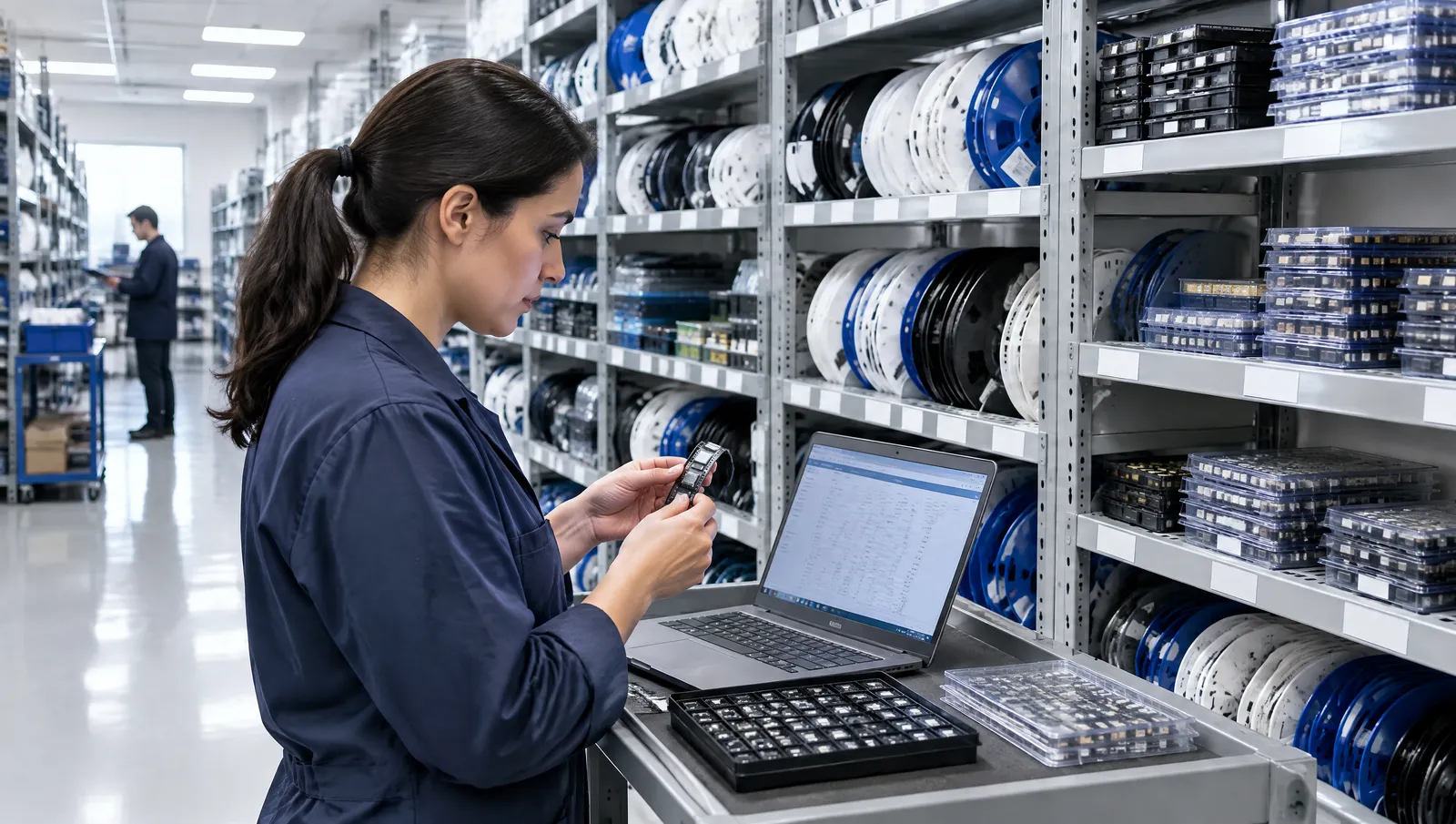 A staff member in an electronics stockroom checks a component against a laptop, with shelves of reels and trays behind.