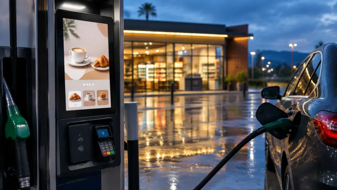 A fuel pump with a touch screen showing a coffee and pastry offer, in front of a lit convenience store at dusk, shown as a generic illustration of the concept.