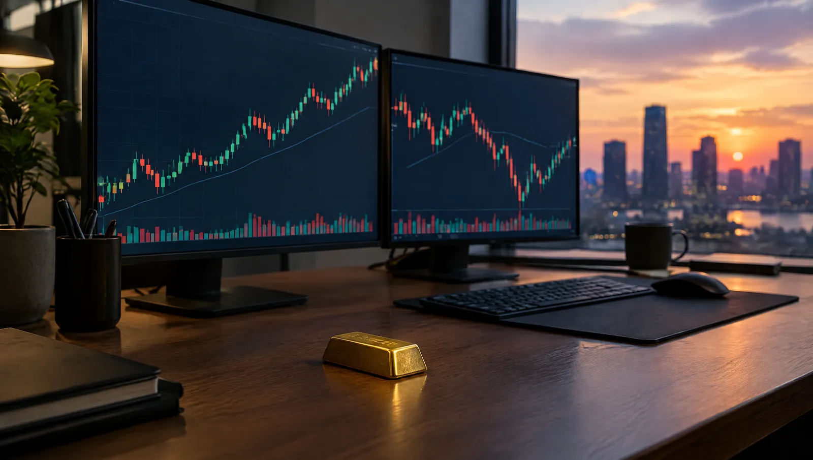 A trader's desk with two monitors of price charts and a small gold bar in the foreground.