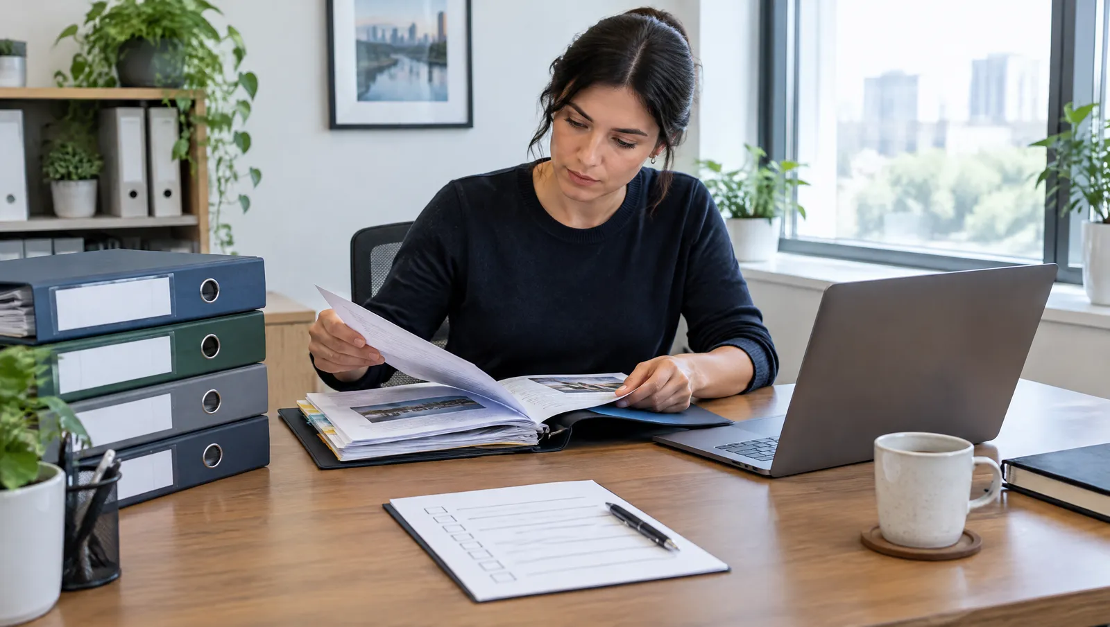 An auditor at a tidy desk reviews printed evidence beside a laptop, with labelled binders and a checklist.