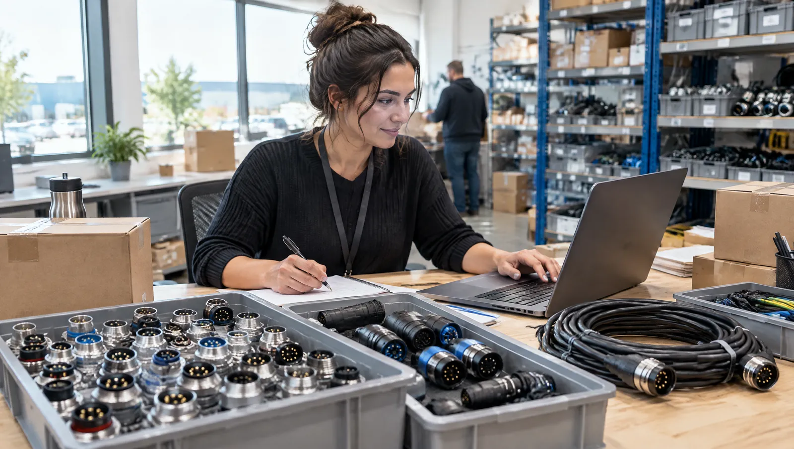 A sales coordinator at a workbench checks an order on a laptop beside trays of industrial connectors and cables.