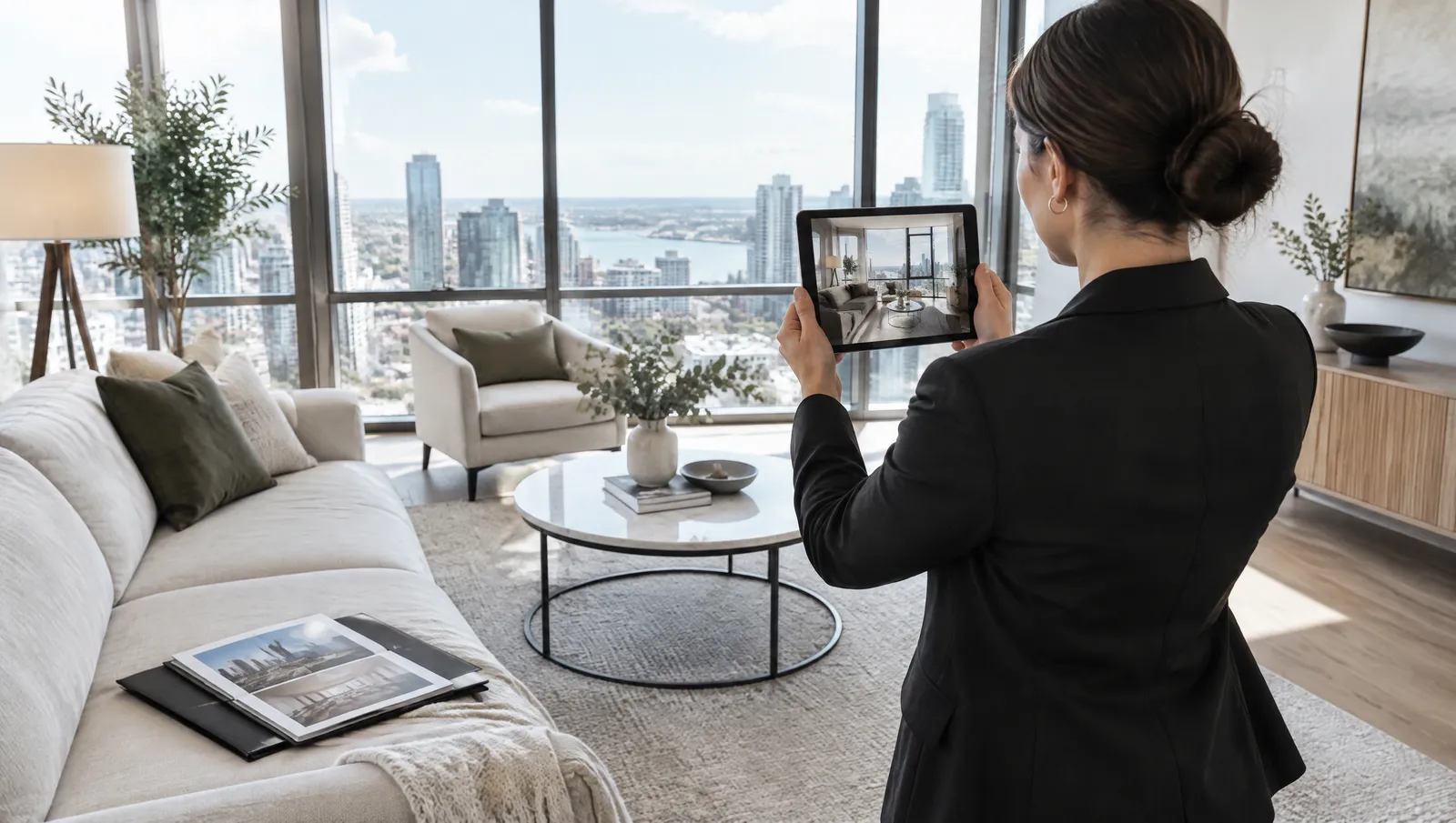 A property agent photographs a bright apartment living room with a tablet.