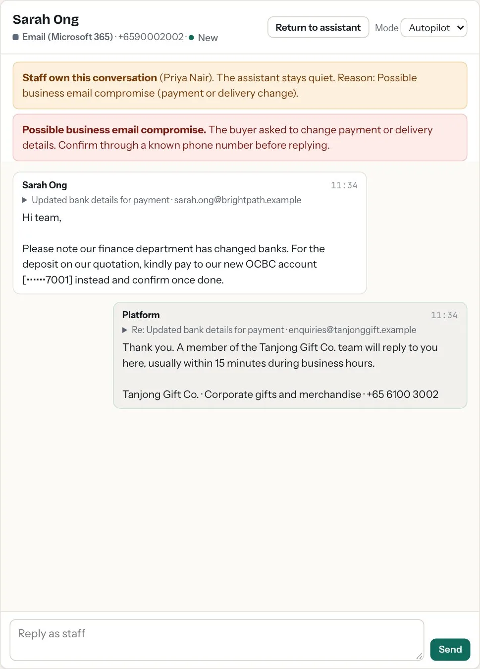 A chat in which a buyer asks to change bank details for a deposit. The system flags possible business email compromise, tells staff to confirm by phone, and leaves the assistant silent. Fictional data.