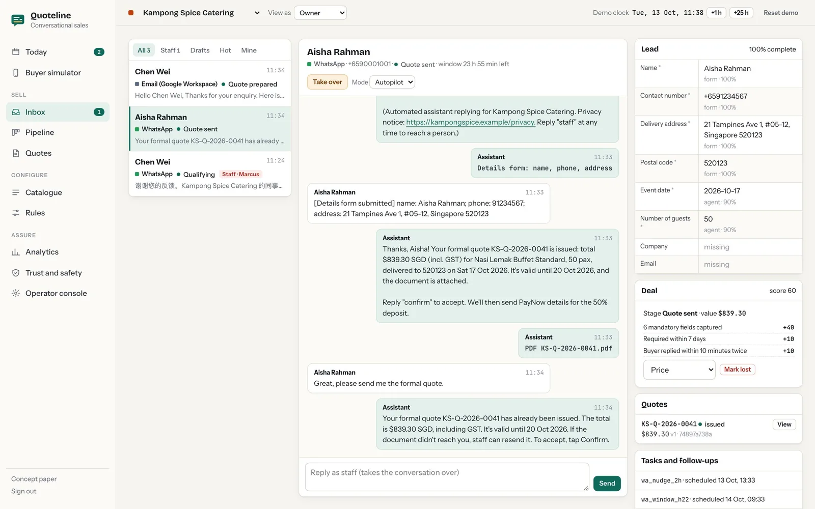 The inbox. A WhatsApp conversation shows collected lead details and an issued formal quotation, beside a list of open conversations. Fictional data.