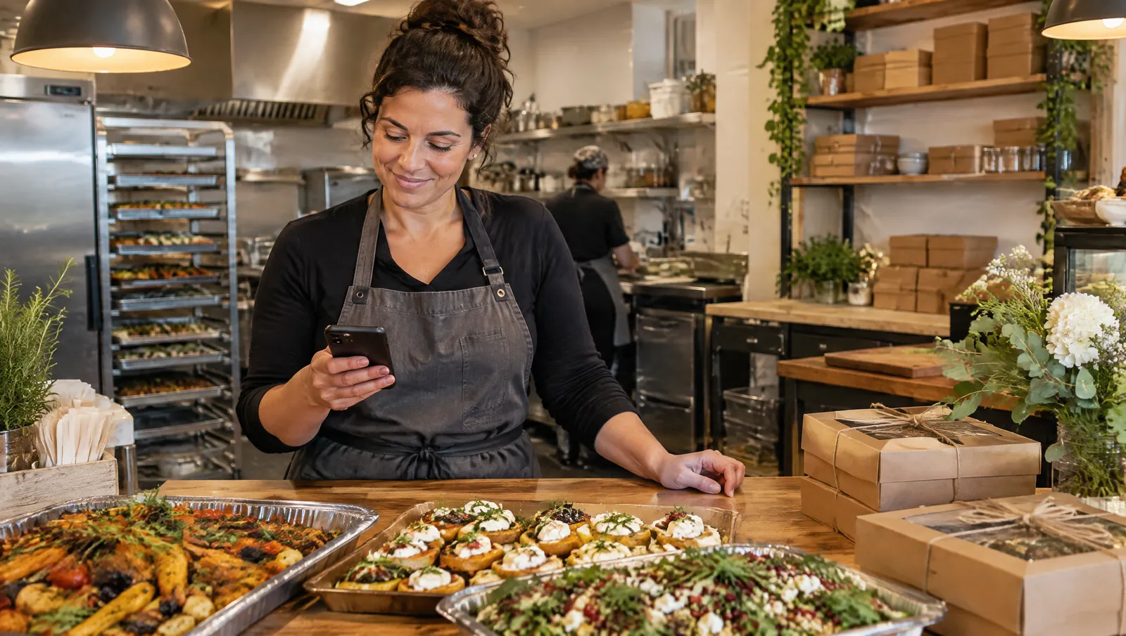 A small business owner behind a catering counter checks a smartphone beside trays of food and gift boxes.