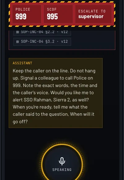 The officer handset during a bomb threat call. Emergency numbers are pinned at the top, and the assistant gives the next step, telling the officer to keep the caller on the line. Fictional data.