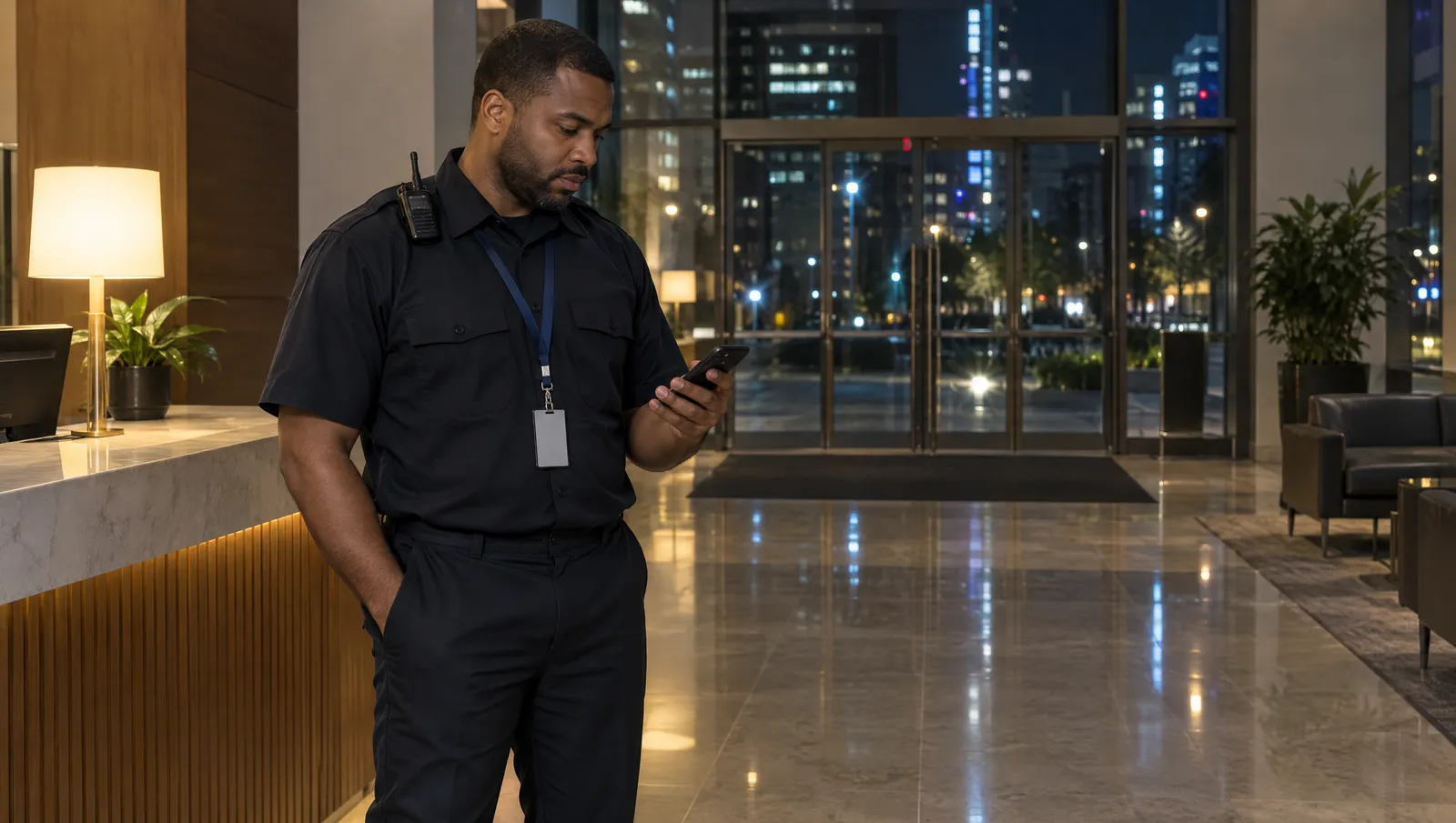 A security officer on a night shift holds a radio and a smartphone in a quiet office lobby.