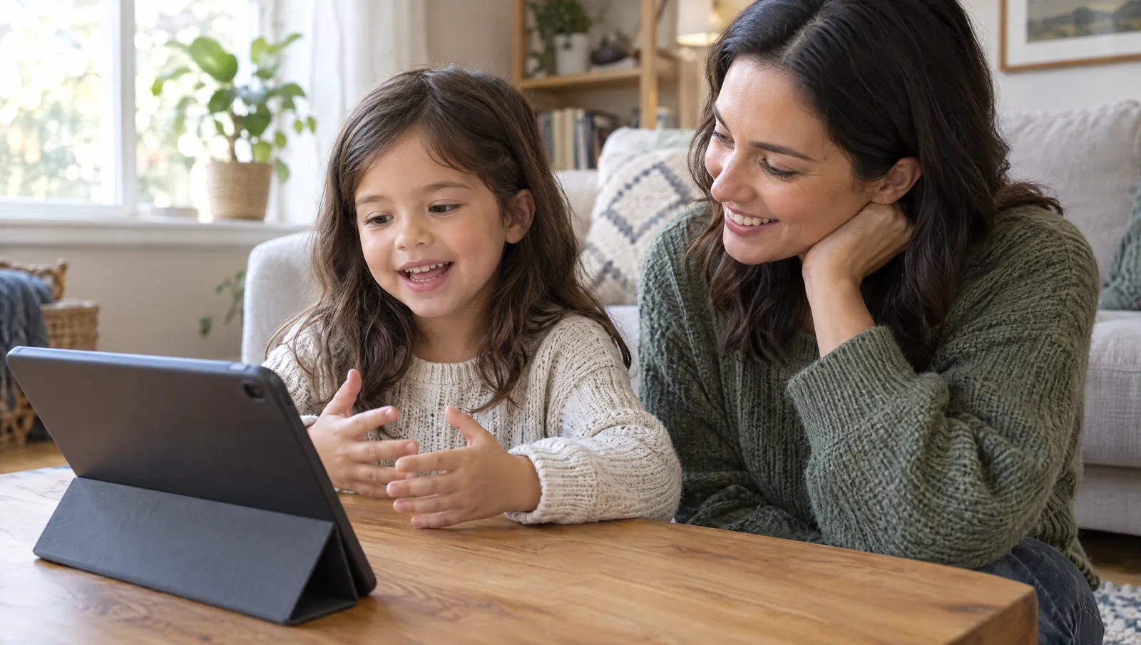 A young child talks to a tablet on a stand at home while a parent sits beside them.