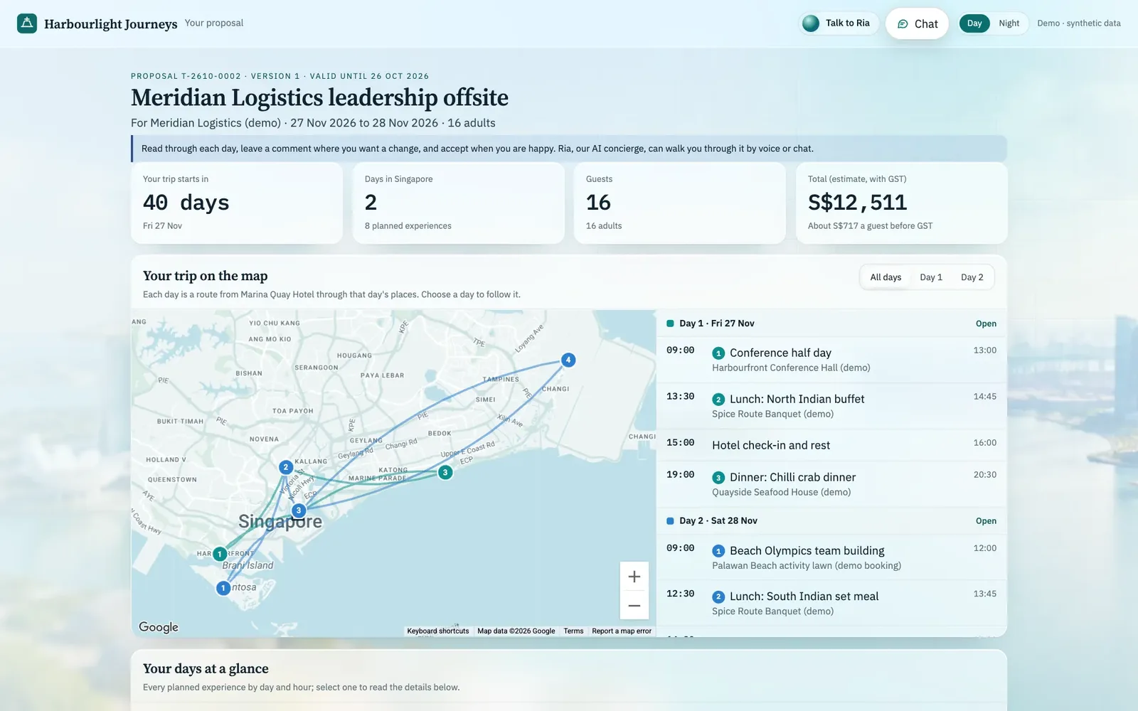 The client proposal portal. A countdown, guest count and total price sit above a map of Singapore with each day's route drawn on it. Fictional operator.
