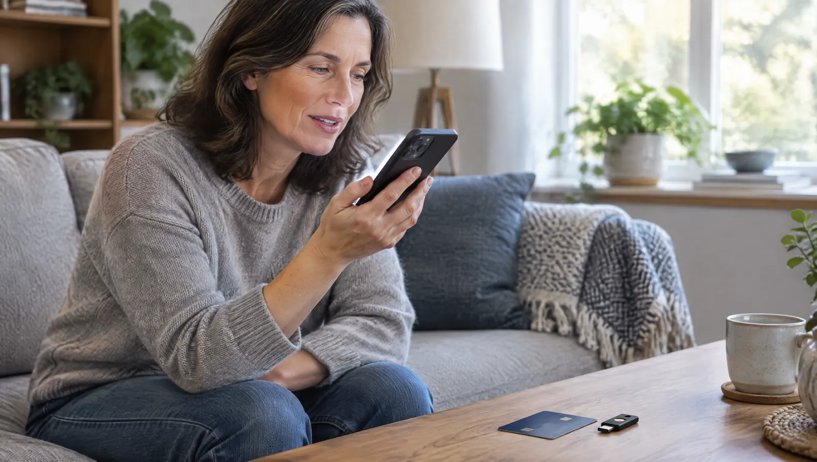 A woman on a sofa at home speaks to her smartphone, with a bank card and a small security key on the coffee table beside her.