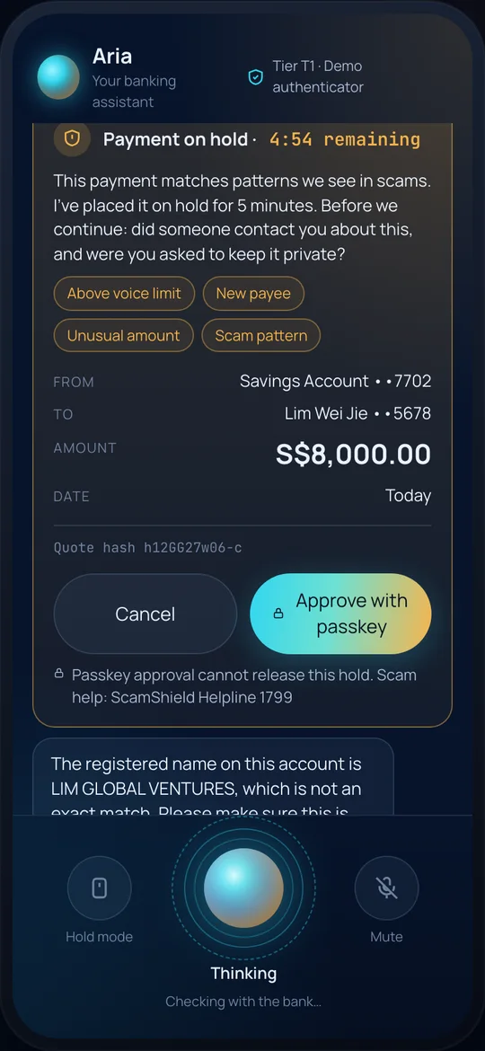 A phone screen from the voice banking agent. An 8,000 dollar payment to a new payee is on hold for five minutes, with four reasons listed and a note that a passkey cannot release the hold. Demonstration data.