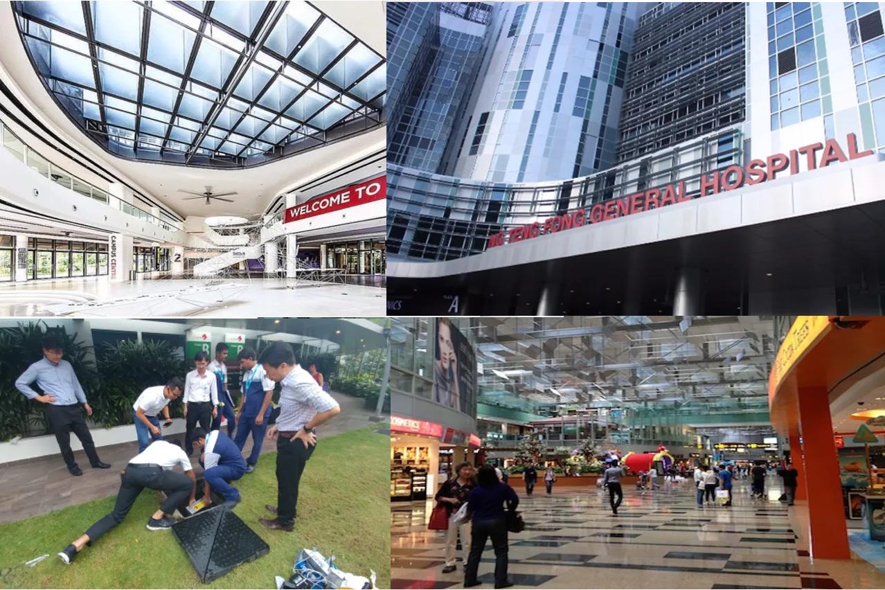The three deployment sites, with the sensor enclosure being installed on site: the SUTD campus centre, Ng Teng Fong General Hospital, and Changi Airport.