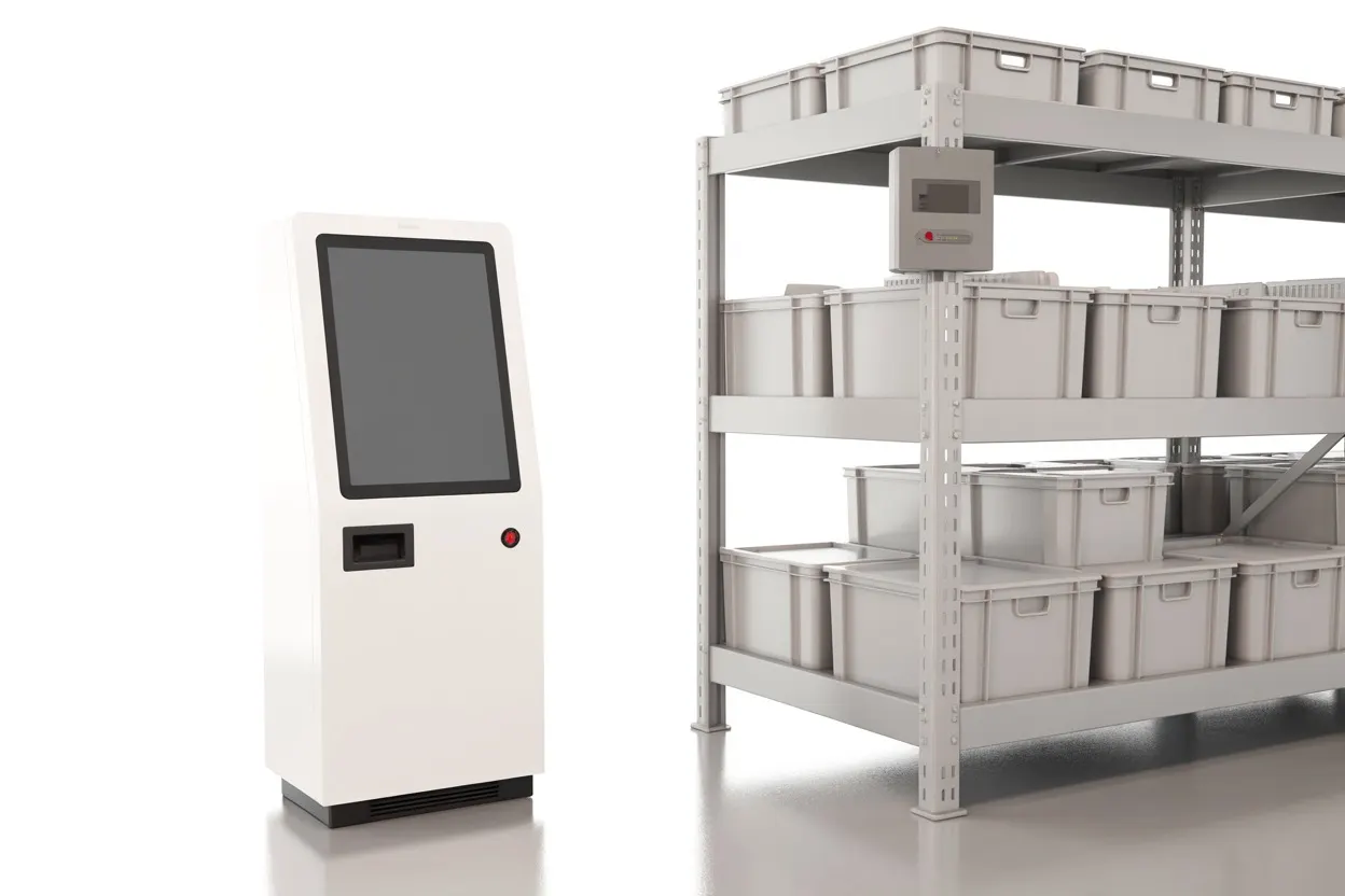 A white self-service kiosk terminal with a single red status light, beside light grey warehouse shelving holding matching storage totes, shown as a generic illustration of the class of system described.