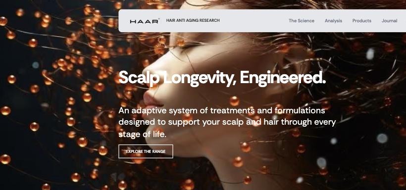 The HAAR storefront homepage, reading "Scalp Longevity, Engineered" over a portrait of a model amid flowing hair.