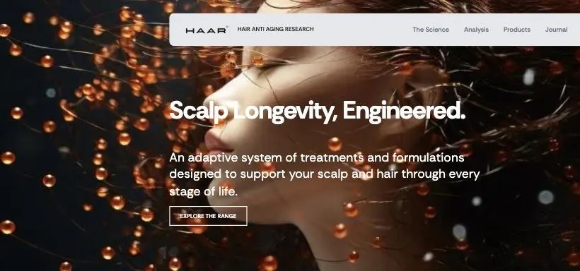 The HAAR storefront homepage, reading "Scalp Longevity, Engineered" over a portrait of a model amid flowing hair.