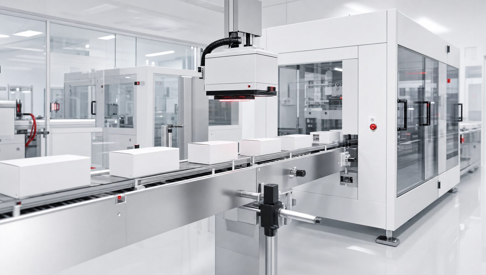 A pharmaceutical-grade labelling and scanning line, shown as a generic illustration of the class of system described.