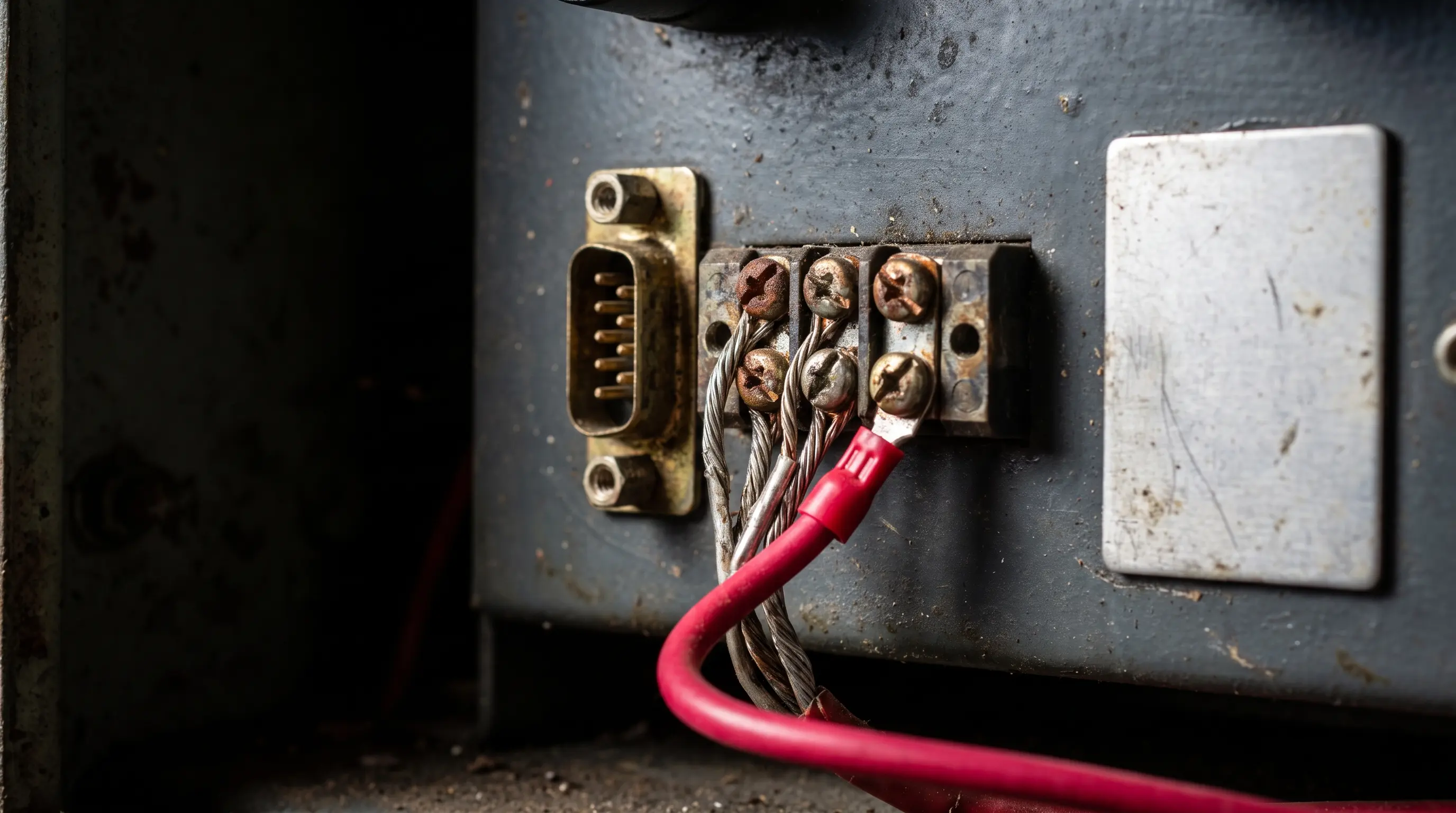 An oxidised industrial control panel photographed close up, showing a vintage nine-pin serial connector and a screw terminal block worn by decades of service, with one new red conductor landed on a terminal.