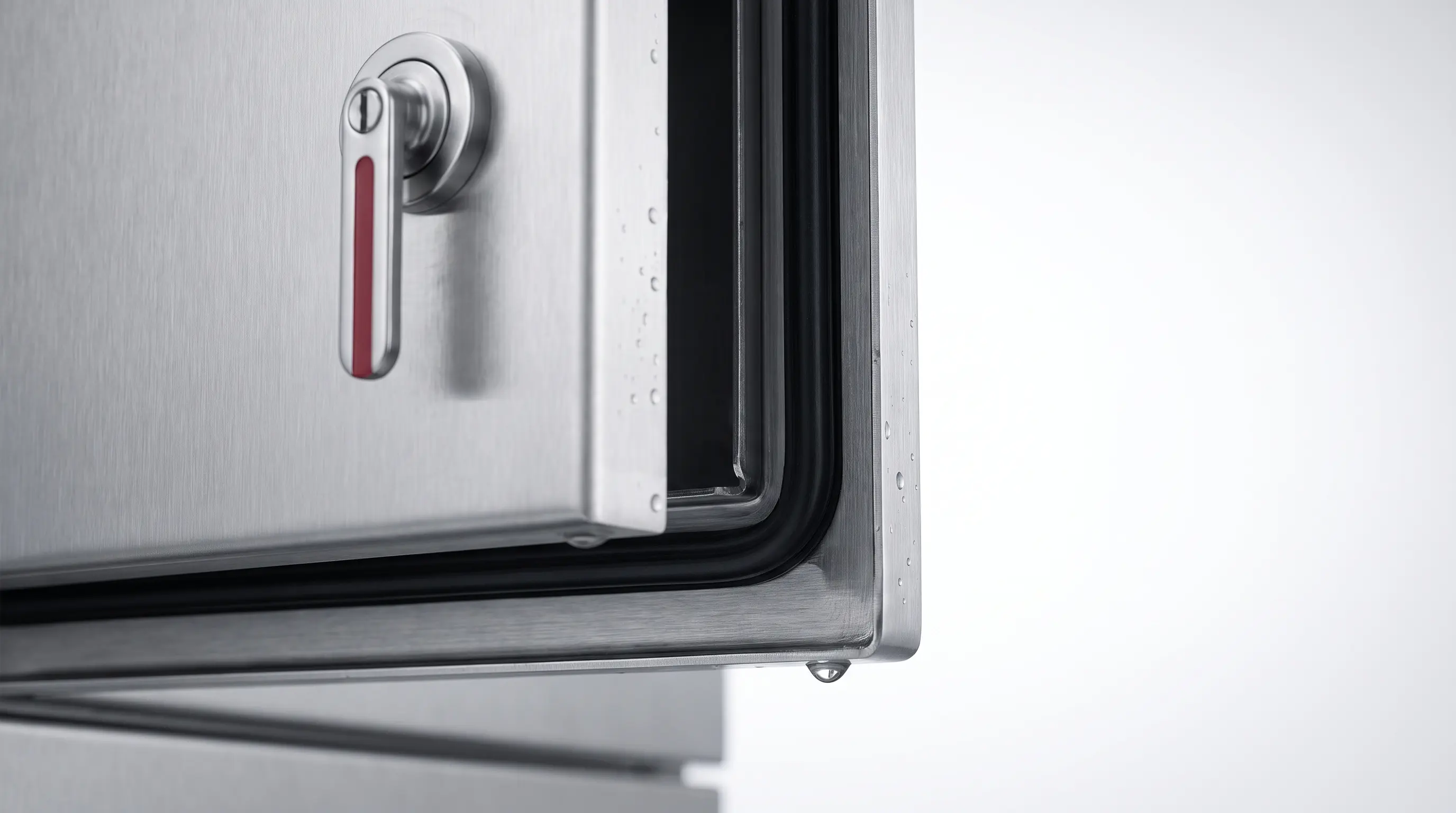 The corner of a sealed stainless steel industrial enclosure with its door ajar, showing a thick moulded gasket seated in a machined channel and a quarter-turn latch marked with red.
