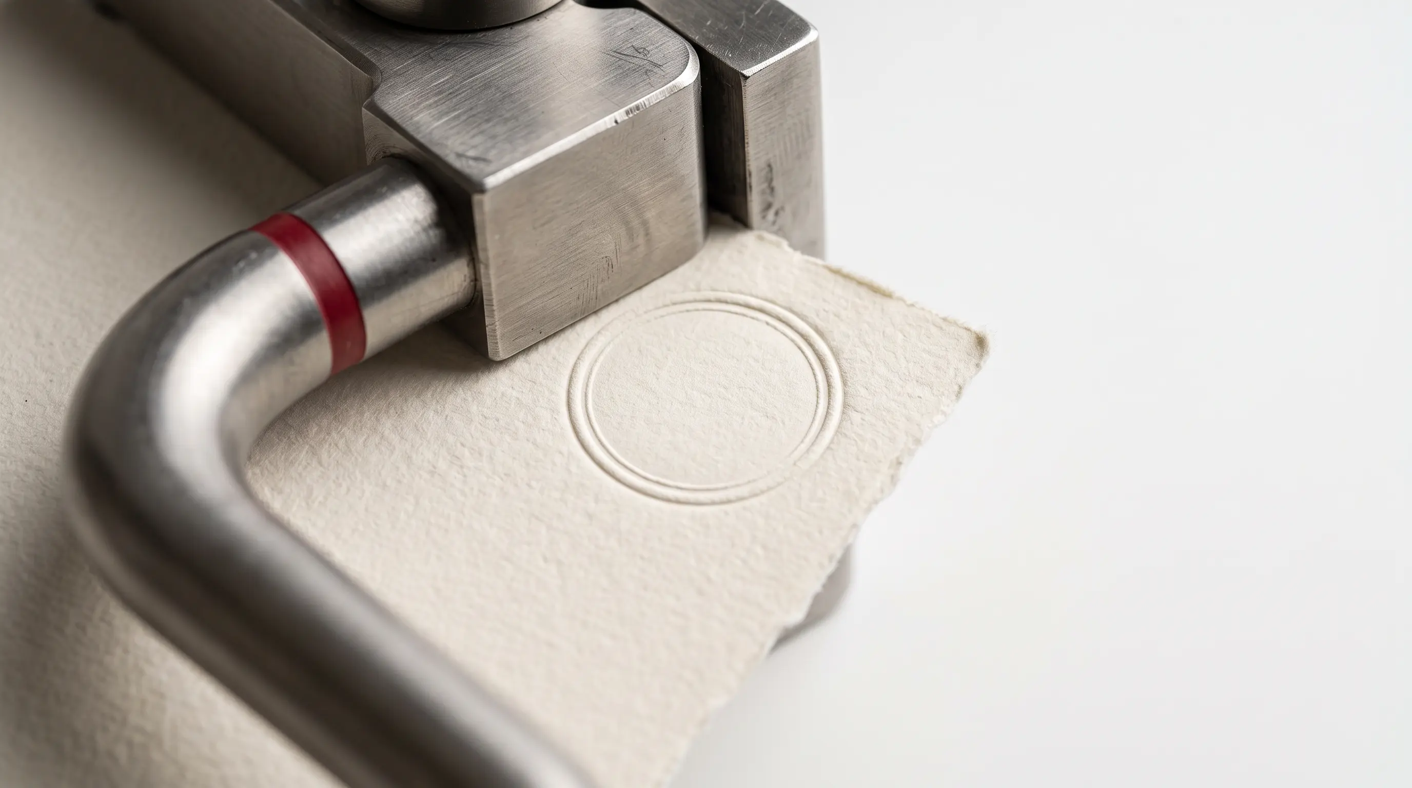 A machined steel embossing seal press closed on the corner of a sheet of thick cotton paper, raising a blind-embossed circular impression with nothing written in it.
