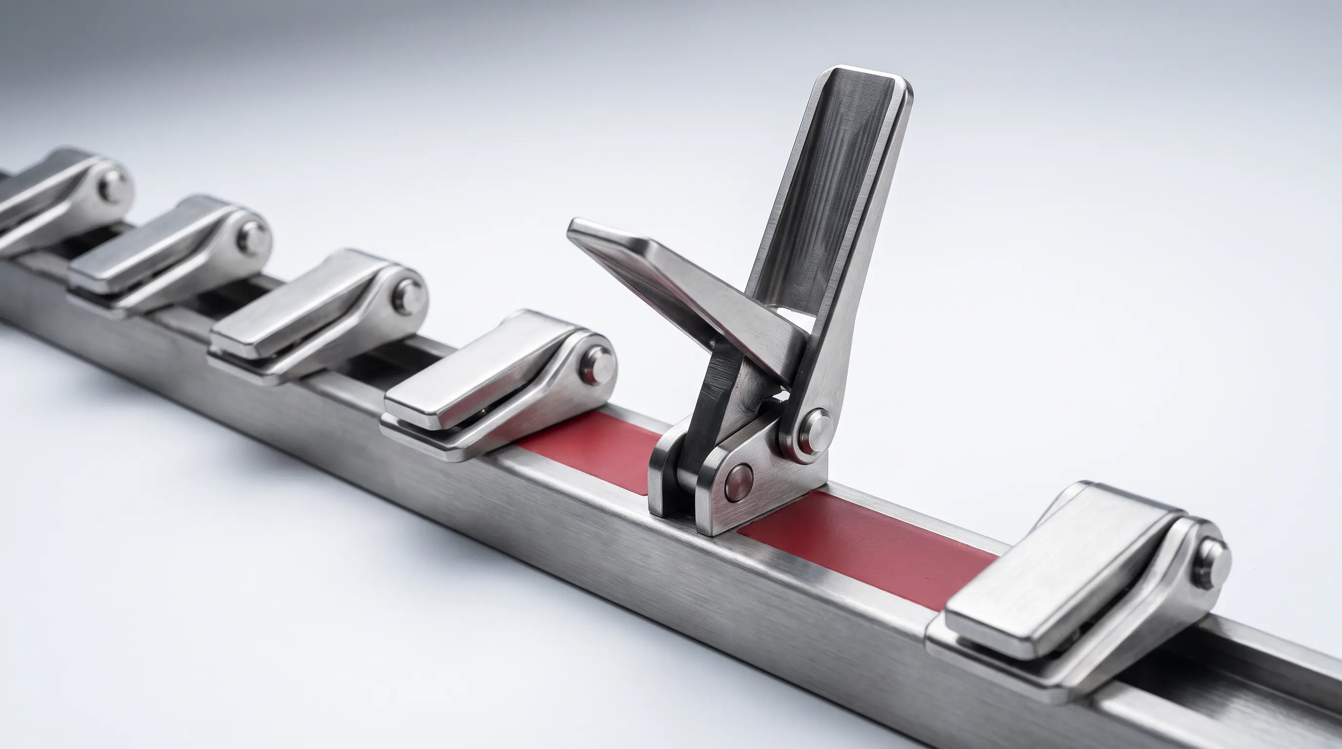 A row of heavy machined steel toggle latches along a brushed rail, most clamped closed and one standing raised, a red band running along the rail and stopping at the open latch.