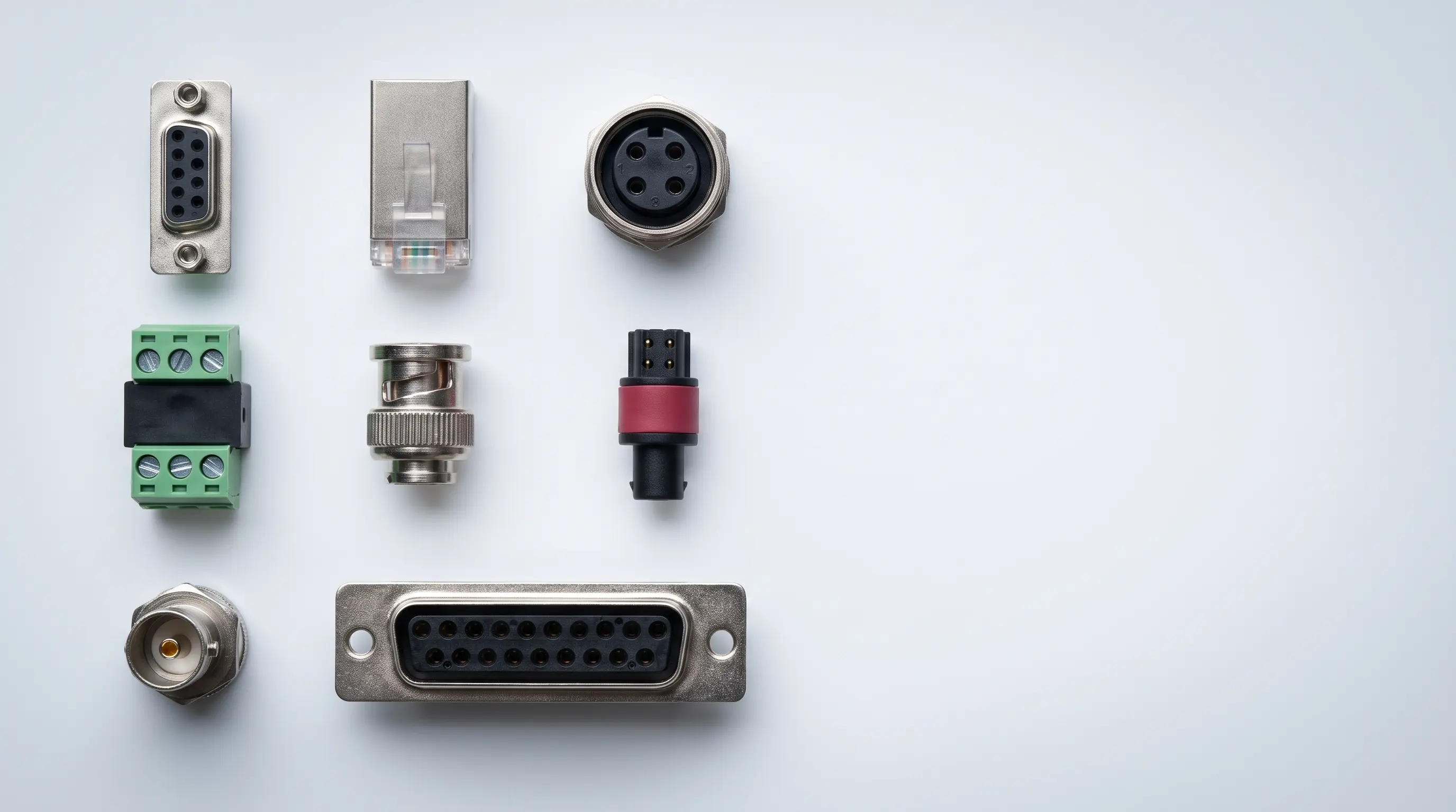 Eight different industrial electrical connectors laid out in a precise grid on a white surface, photographed from directly overhead, one carrying a red band on its collar.