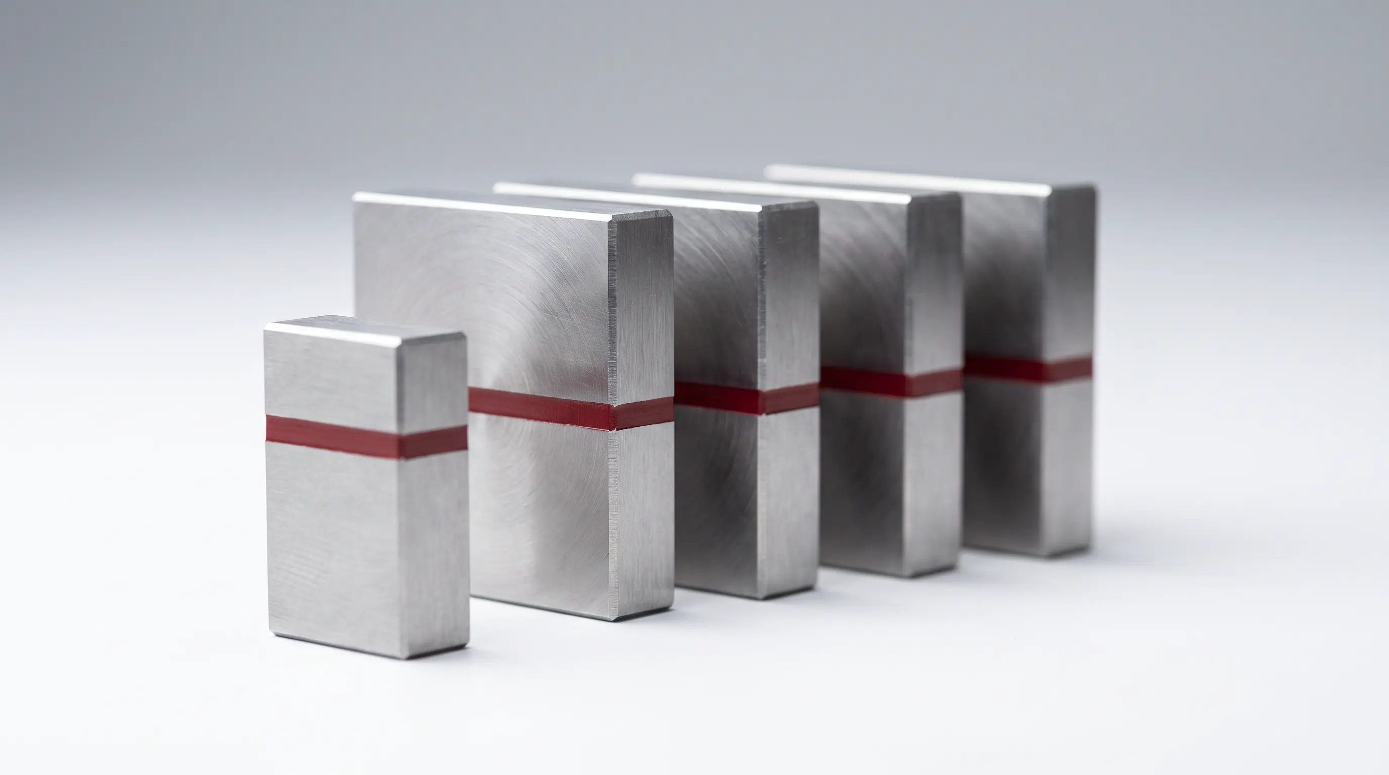 Five precision-machined steel gauge blocks standing in a row, four aligned at the same height and the fifth shorter and set out of line, a red witness line running across their faces and breaking where the short block interrupts it.