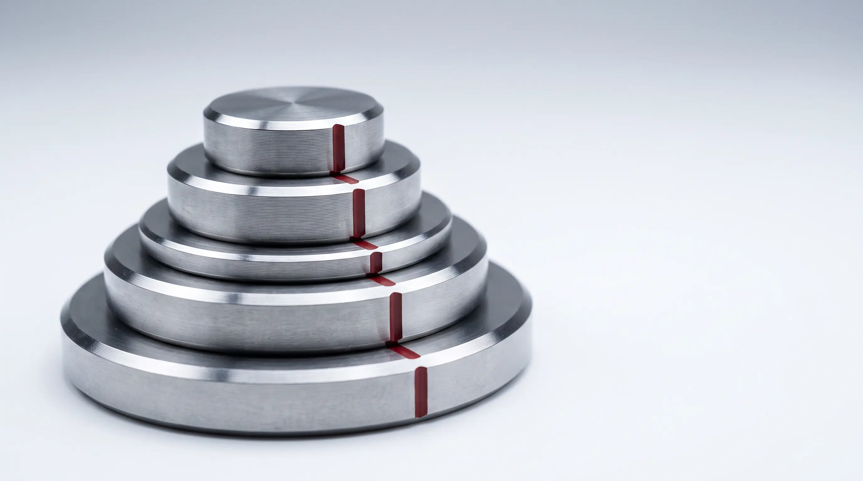 Five precision-turned steel discs of decreasing diameter stacked into a stepped tower, one disc in the middle visibly thinner than the rest, a red line running down the side and stepping where the thin disc interrupts it.