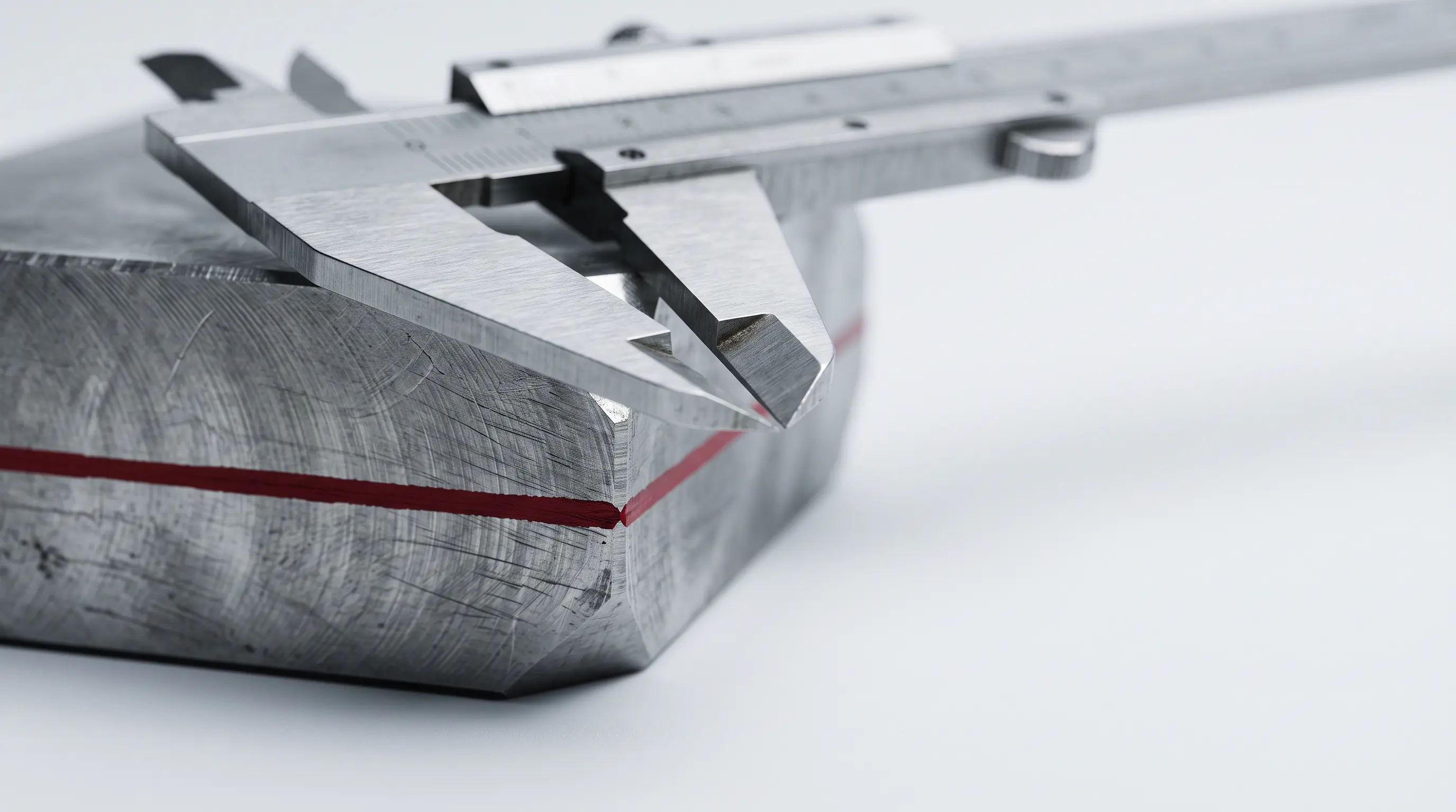 Precision vernier calipers closing on the corner of a heavy machined metal block, a red line painted across the face of the block where the jaws meet it.