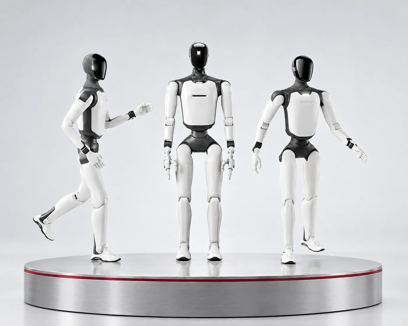 Three AGIBOT A3-series humanoids on a circular brushed-steel plinth edged in red, in a light grey studio.