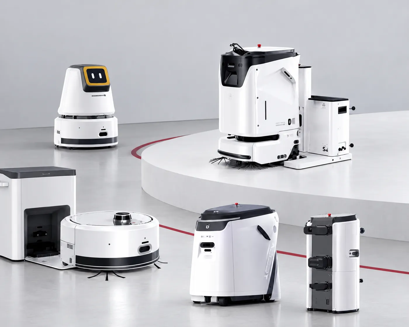 The AGIBOT C-series range in a light grey studio: compact C2 cleaners, a C2P, and larger C4 and C5 scrubbers with their docking stations.