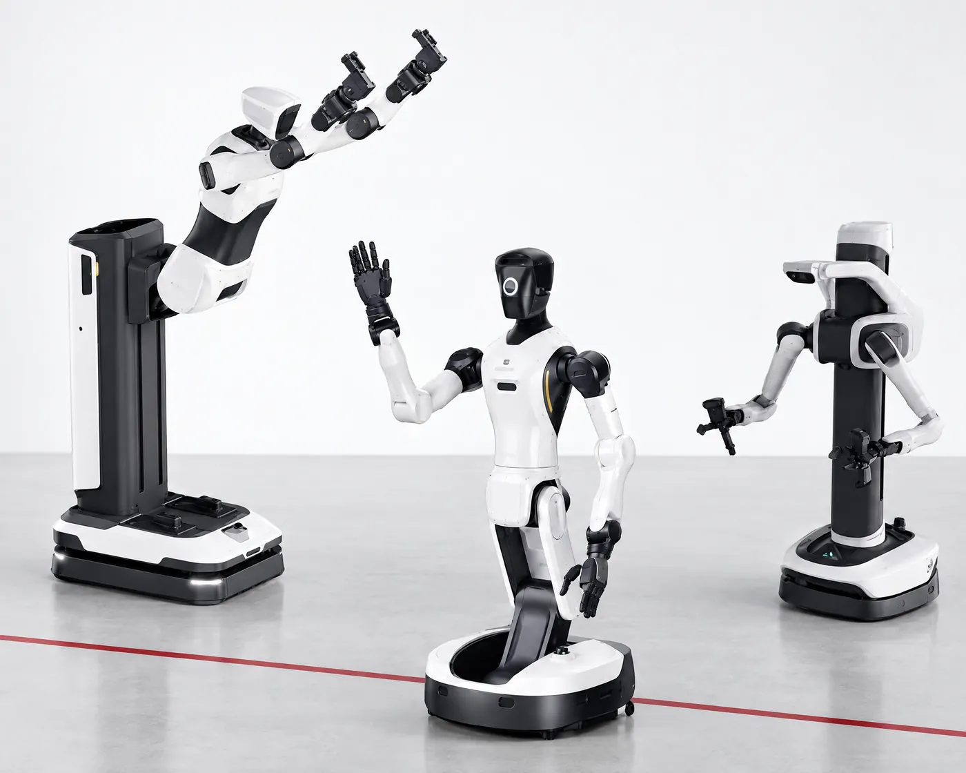 AGIBOT G-series robots in a light grey studio: a G2 with raised hands in front of two wheeled dual-arm units, a red line set into the floor.